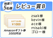 レビュー賞B(抽選で5名様) Amazonギフト券3000円分。zsak様 kevin様 ace様 misaki様 ゴロー様