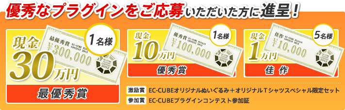 優秀なプラグインをご応募いただいた方に進呈！【最優秀賞】現金30万円【優秀賞】現金10万円【佳作】現金1万円、他【激励賞】【参加賞】もアリ！