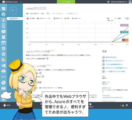 外出中でもWeb ブラウザ
から、Azure のすべてを管理できるノ。便利すぎてため息が出ちゃうワ。