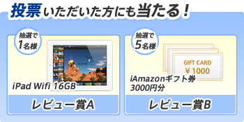 投票いただいた方にも当たる!【レビュー賞A】iPad Wifi 16GB【レビュー賞B】iAmazonギフト券3000円分